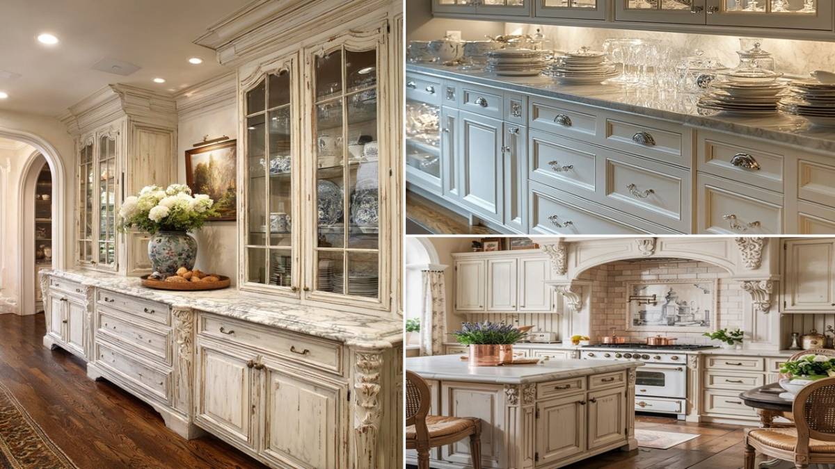 تصویر شاخص کابینت کلاسیک سفید با ویترین شیشه‌ای و جزئیات منبت